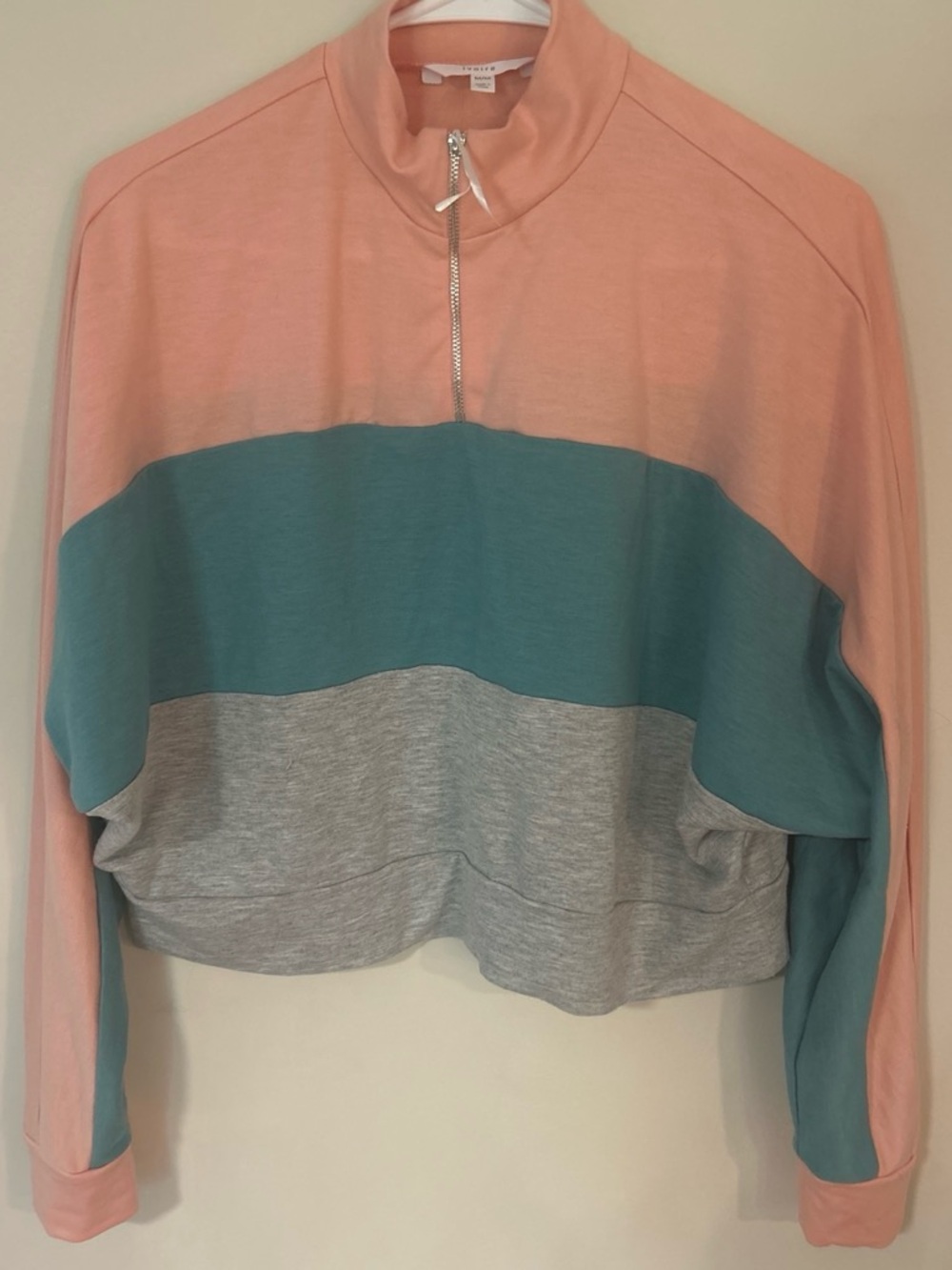 Colorblock Half-Zip Crop Top - Pink/Teal/Grey